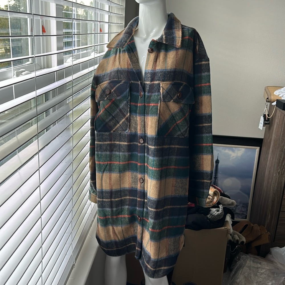 AUTRES FILLES LONG PLAID SHACKET TOP SIZE L